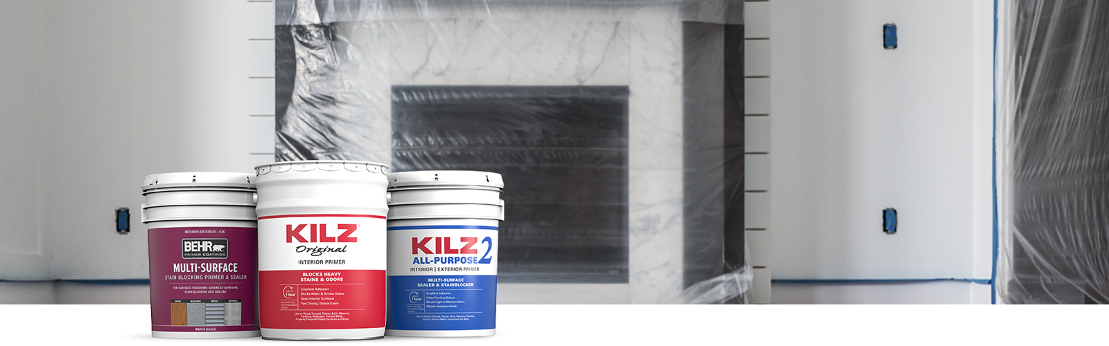Behr Pro interior primer products landing page desktop image featuring 5 gallon cans.